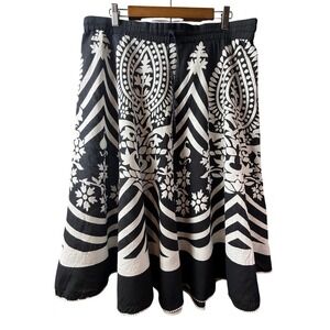 J Gee Womens Black White Paisley Cotton Midi Skirt Elastic Waist Large Boho